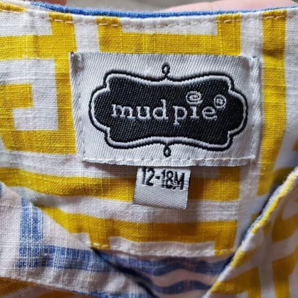 Mud Pie Baby Girls V-Neck Pom-Pom Tunic 12-18M Blue/Yellow Geometric Cotton - Picture 5 of 5